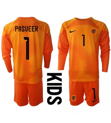 Nederland Remko Pasveer #1 Keeper Bortedraktsett Barn VM 2022 Langermet (+ Korte bukser)
